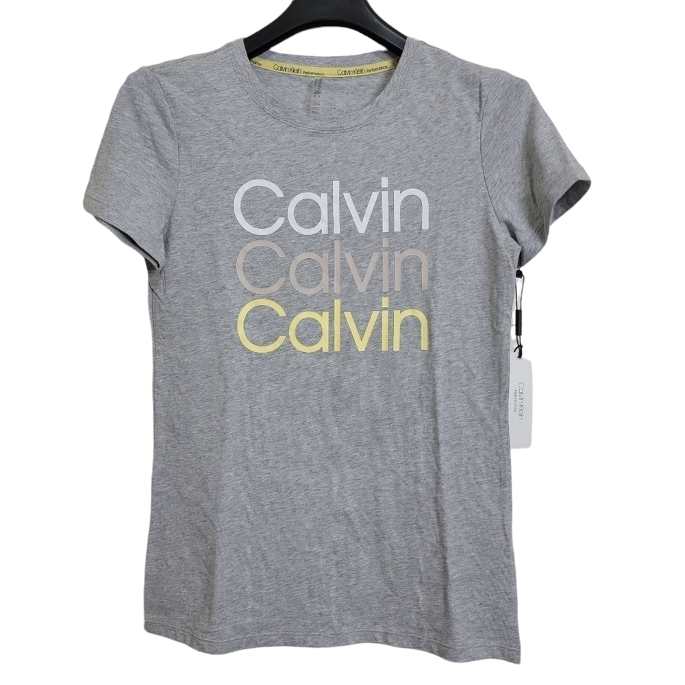 Calvin Klein Heathered Gray Athleisure Workout Logo Short Sleeved Gym Tee XS